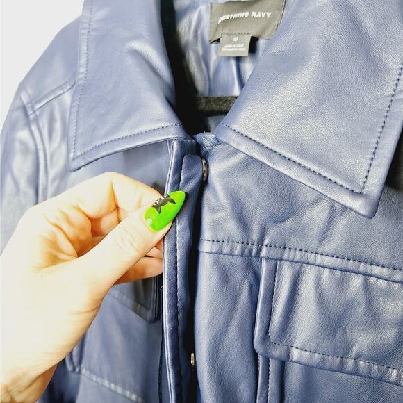 Something Navy Boxy Faux Leather Jacket Vegan Women's XL Shacket Patch Pockets - Picture 7 of 14